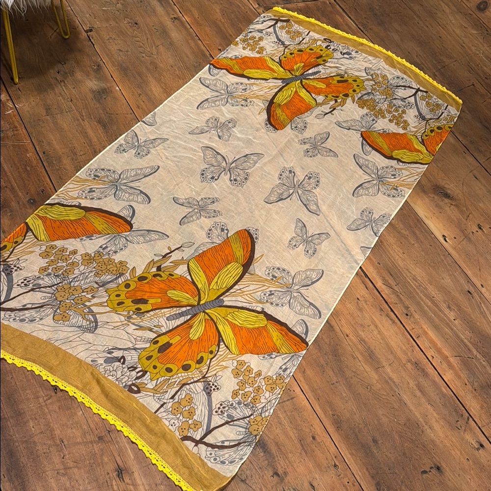 Large Boho Earthy Butterfly and Flower Print Scarf/Sarong with Crotchet Edge